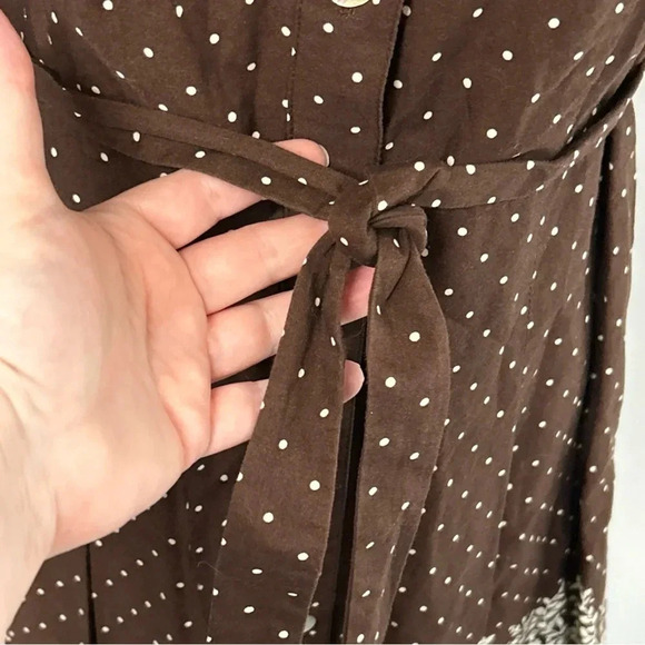 Women 8P Brown Polka Dot Floral Dress Pleated‎ Tie Sash Classic Dainty Pin Up - Picture 5 of 16